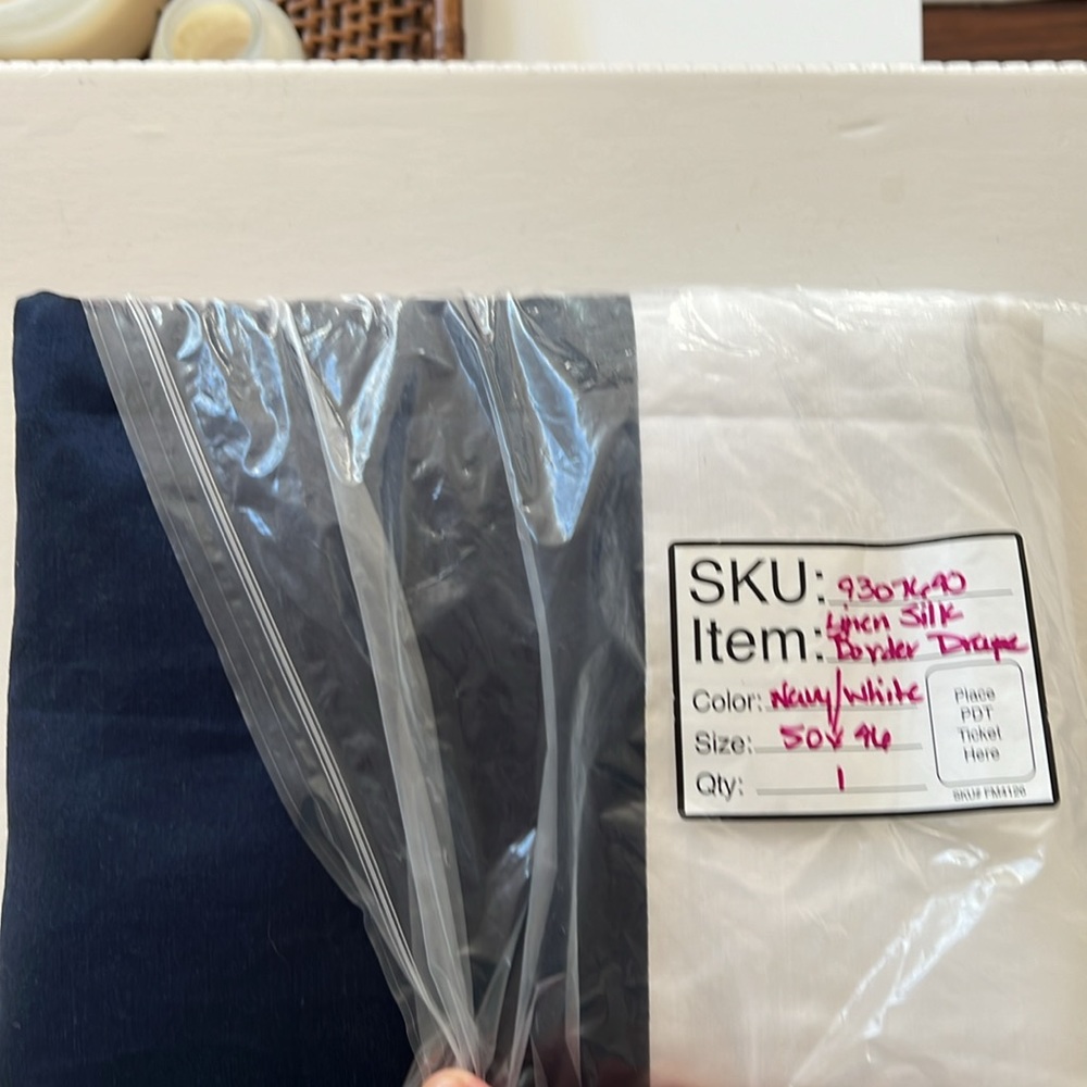 2 Pottery Barn Navy Linen White Silk Border Drape Curtain Panels 50x84 - Picture 4 of 5